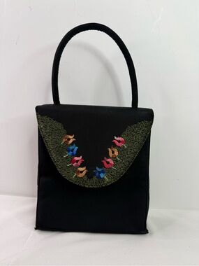 Palizzio Vintage Black Embroidered Floral Top-Handle Evening Bag